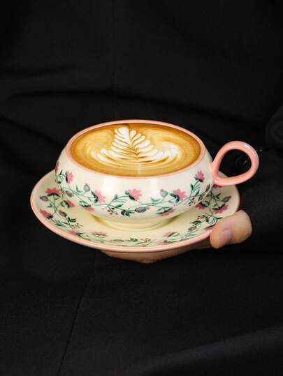 1 Set French Retro Style Ceramic Coffee Cup & Saucer, 4 Color Options, Suitable For Home, Office, Cafe - Coffee, Milk Tea, Breakfast Cup
