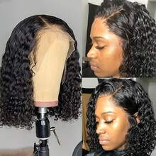 优雅女士黑色卷发假发 - 蓬松非洲式发型，短款弹力卷发，180% 密度，13x4 蕾丝前额，高温丝，适合所有肤色，逼真发片|时尚短款假发|纹理假发，假发配件 - Natural Black - 查看 3