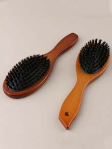 2支装椭圆形猪鬃气垫木质美发梳套装，适用于女士长发，柔顺防静电，易于梳理，按摩头皮，可折叠旅行收纳梳，宽齿和细齿两种梳齿