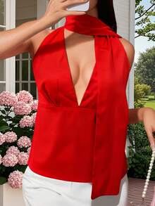 Women's Halter Neck Vest Summer Sleeveless Open Back Solid Color Satin Tank Tops - 紅色 - 查看 9