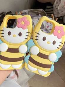 SANRIO 1pc Yellow Cartoon Hello Kitty Flower & Butterfly Full Coverage Silicone 3D Soft Shockproof Phone Case Suitable For IPhone13/14/15/16/PROMAX, Color As Shown - Pink - View 4