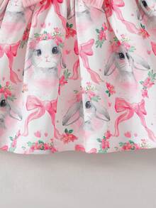 新款女婴兔子印花圆领荷叶边蝴蝶结休闲日常连衣裙（适合复活节等外出场合） - 粉色 - 查看 6