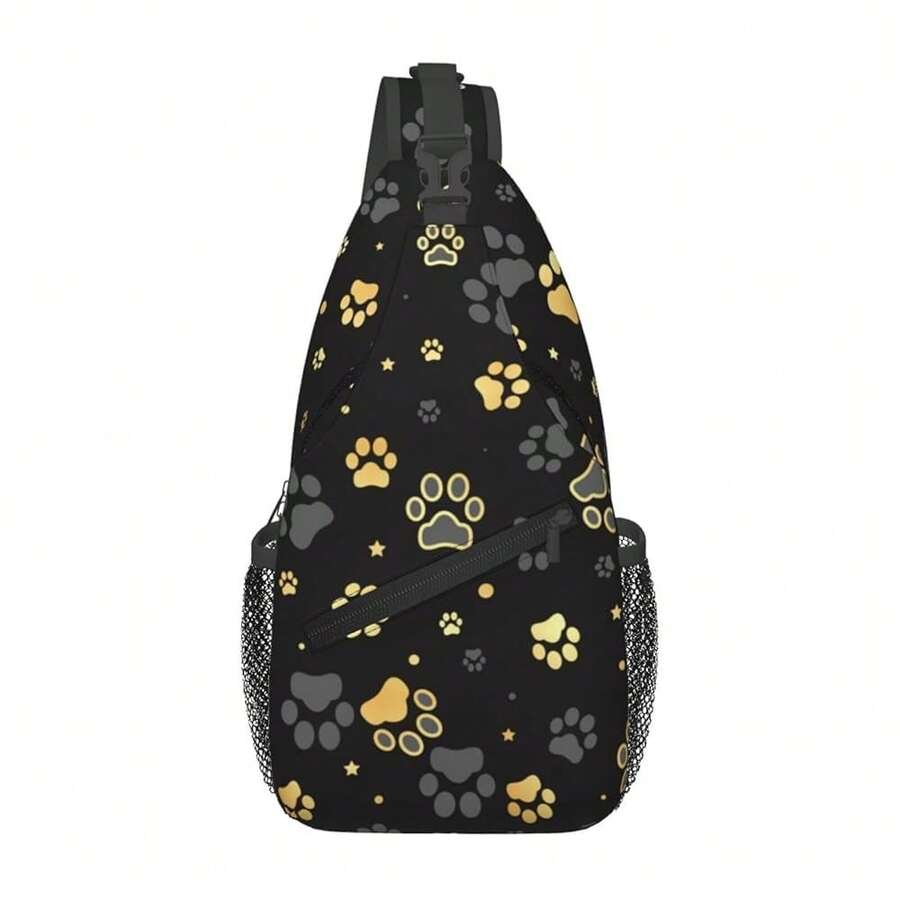 Paw Print Sling Bag For Women Crossbody Bag Golden Dog Paw Print And Stars On Black Background Sling Backpack For Men Cute Animal Footprint Shoulder Bag Gym Sports Travel HiFKing Daypack - 金的 - 查看 1