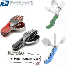 4-In-1 Portable Foldable Utensil Set Compact Knife Fork Spoon Bottle Opener Kit Stainless Steel Utensils For Camping Hiking Travel - 1 st slumpmässig färg - Visa 9