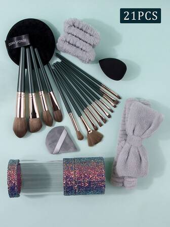 21ชิ้น ชุดแปรงแต่งหน้าสำหรับเดินทาง ประกอบด้วยแปรงเครื่องสำอางอเนกประสงค์, กำไลยางรัดผมซับ, ฟองน้ำแต่งหน้าแบบแห้ง/เปียก, กล่องเก็บของแบบใสมีสไตล์, ของขวัญที่ดีสำหรับผู้หญิง