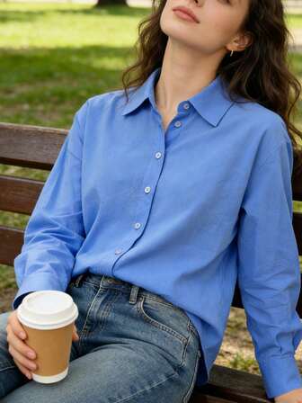 Women's Fashionable Shirt [Minimalist Elegant] Sky Blue Lapel Long Sleeve Shirt, Elegant Loose Fit Flattering, Versatile For Work, Casual, Commute, Solid Color Blouse