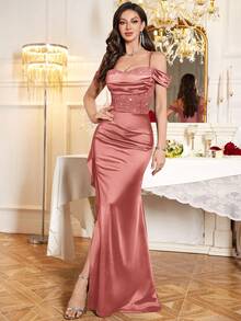 MIUSOL Đầm dạ hội dài satin nữ thanh lịch, trễ vai, đính sequin, ren hoa, viền bèo nhún, xẻ đùi, cho khách mời đám cưới, lễ tốt nghiệp, tiệc tối - Bụi hồng - Xem 4