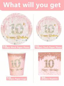 10pcs/20pcs/50pcs/80pcs Rose Gold 10th Birthday Party Paper Plates Cups And Napkins Tableware Girls 7 Inch Rose Golden Cake Plates 9 Inch Dinner Plates 10 Years Old Table Decorations Happy Ten Years Old Tableware Set Pink 10th Birthday Party Supplies - Multicolor - View 7