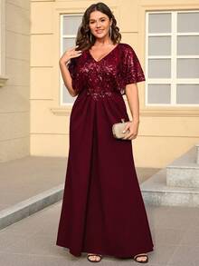 EVERPRETTY 优雅深V领美人鱼晚礼服，酒红色大码蝙蝠袖短款正式礼服，饰有亮片细节，适合新娘母亲、正式晚宴等场合。 - 酒紅色 - 查看 4