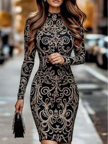 女士巴洛克印花立领长袖修身优雅中式连衣裙 - 黑色 - 查看 2