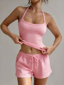 XLLAIS 女士简约纯色交叉露背弹力运动健身吊带背心，休闲夏季款 - 亮粉紅色 - 查看 2