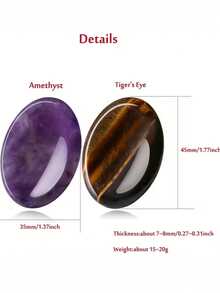 2件天然紫水晶和虎眼石雕刻拇指按摩石，手工椭圆形拇指按摩放松掌石套装 - 彩色 - 查看 4