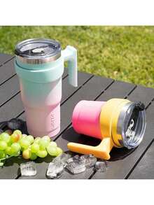 Vaso de  con asa de acero inoxidable con tapa y popote para mujer, color verde lavanda - Rosas rosas y amarillas - Ver 7