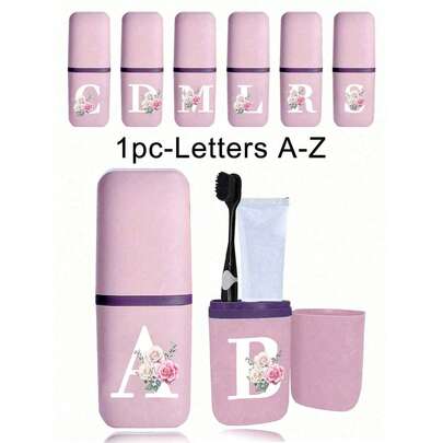 Estuche portátil para cepillo de dientes con letra A-Z en rosa y blanco, soporte para cepillo de dientes de viaje, tapa portátil para vaso de cepillo de dientes, adecuado para viajes, campamentos, viajes de negocios y vuelta al colegio, vaso multifuncional para cepillo de dientes, vaso de lavado de viaje, set de almacenamiento de cepillo de dientes y artículos de tocador