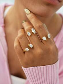 Frminee 3 piezas/1 pieza Anillo de mujer de acero inoxidable chapado en oro con zirconia cúbica vintage, anillo de declaración de lujo, accesorios de joyería, regalo para ella - Dorado - Ver 3