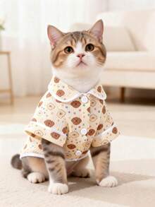 1件柔软可爱的宠物狗/猫服装，舒适的条纹/波点/卡通狗狗表情设计，休闲家居服，适合春、夏、秋、冬四季穿着。 - 杏色 - 查看 8