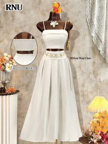 RNU 两件套百搭A字裙套装，浪漫优雅休闲风，弹力腰身吊带背心+迷你裙，适合生日、婚礼宾客、情人节、狂欢节、新年、通勤、春夏等场合。 - 杏色 - 查看 1