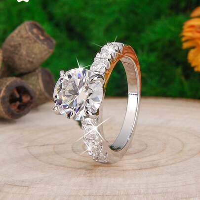 9.5mm/3.5ct Natural Mosang Stone Classic 4-claw Ring Female Fashion Design Sense Minority Temperament Men Send Ladies Proposal Wedding Party Anniversary Birthday Halloween Christmas Jewelry Gift Surprise