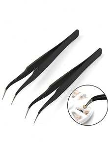 3pcs Eyelash Extension Tweezers Auxiliary Tools, Stainless Steel Eyelash Beauty Tools In Pastel Colors - Black - View 4