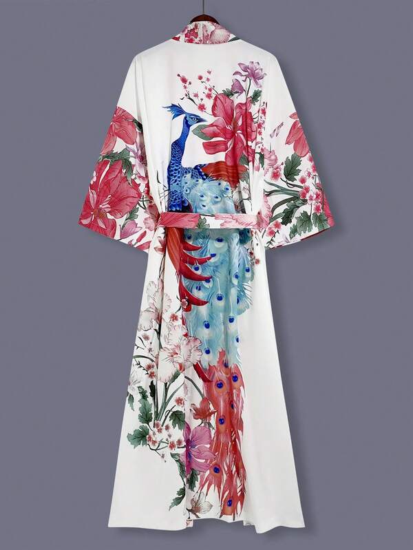 Unisex Japanese Style Peacock Floral Print Mid-Length Kimono Cover Up Thin Jacket, Elegant Bohemian Streetwear Casual Coverup, Suitable For Spring/Autumn Beach Travel