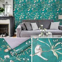 1卷复古风格深绿色花鸟图案自粘墙纸，采用PVC防水材料制成，耐脏、耐刮擦，易于维护。可撕贴，无需胶水或专业人员即可自行安装。 - 墨綠色 - 查看 5
