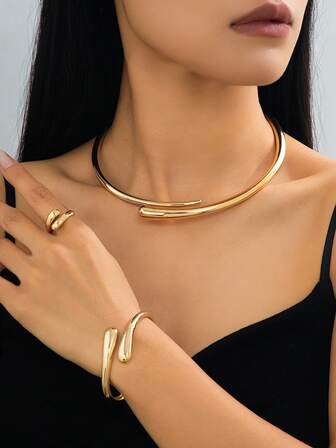 1条合金颈链，1条水滴形螺旋手链，1枚派对开口戒指，时尚畅销优雅日常佩戴首饰套装，礼品