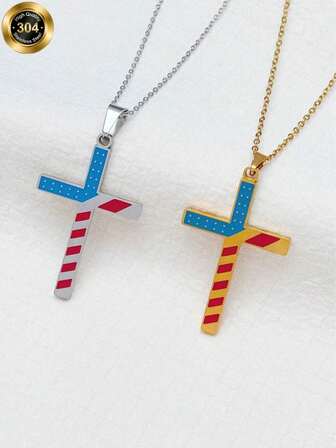 18K Gold-Plated Stainless Steel Jewelry American Independence Day Stars And Stripes Color Cross Necklace A Minimalist Design That Still Exudes Sophistication The Perfect Valentine's Day Gift For Women Or Men Cross