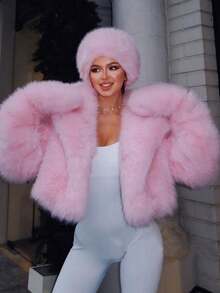 Fur Coat Women Pink Faux Fur Hooded Cropped Coat Women Fashionable Winter Warm Jacket - Hồng - Xem 4