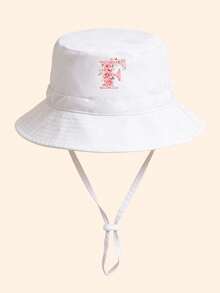 1pc Kids White & Pink Rose Letter Graphic Bucket Hat With Drawstring, Customizable 26 Letters, Can Customize Name, Birthday, Family Text, Fashionable Soft Delicate Lightweight Sun Protection, Practical Gift For Birthday And Holidays, Suitable For Boys And Girls Outdoor, Fishing, Hiking, School In Spring And Summer - White - View 33