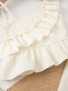 2pcs Girls Layered Ruffle Set, Vertical Striped Textured Lightweight Draping Fabric, French Elegant Children Outfit, Suitable For Party And Gathering - Champagne - View 6