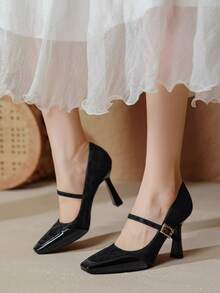 Zapatos Mary Jane con punta cuadrada y tachuelas, Tacones altos negros versátiles con hebilla, Tacones gruesos rojos de charol con efecto de patente y diseño sexy deslizante para mujer - Negro - Ver 7