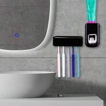 5 Slots Wall Mount Toothbrush Holder With Cover Self Adhesive Toothbrush Storage Organizer For Shower Toothbrush Hanger With Automatic Toothpaste Squeezer Dispenser - Black Combination - 查看 3