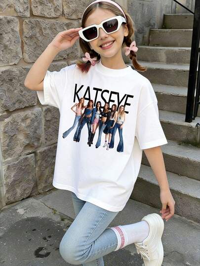 KATSEYE Print T-Shirt, KATSEYE Girl Group Print Cool Girl Clothes, Suitable For Children Aged 4-12 New Year's Birthday Gift Shirts. This Comfortable And Breathable Short-Sleeved T-Shirt Is Perfect For Teenage Girls Gift From KATSEYE Group, Ideal For School And Home Wear