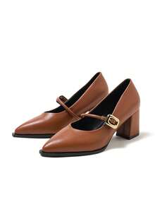 Women's Solid Color Ankle Strap Chunky Heel Pointed Toe Brown High Heels, Versatile & Comfortable Dress Shoes - Brown - View 1