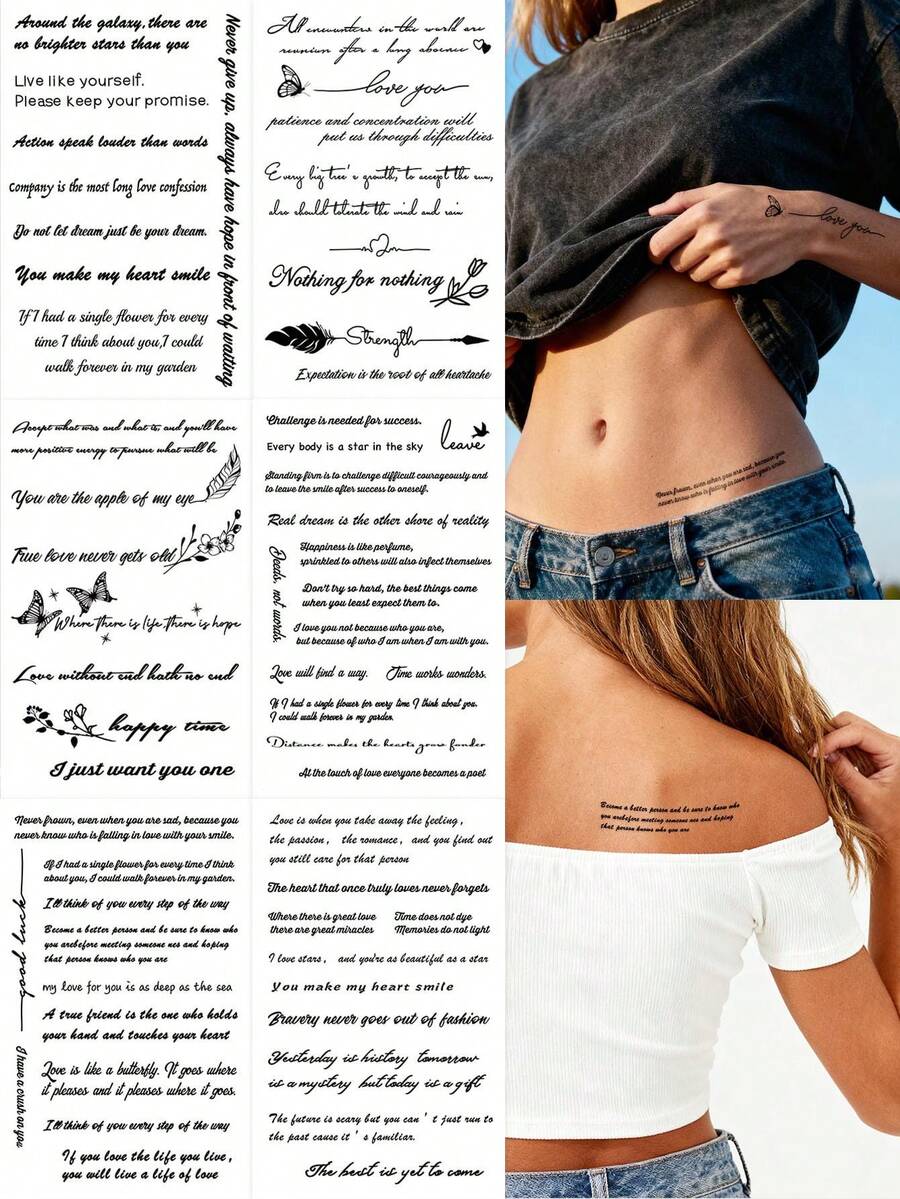 STARTTOOS 6片/4片/2片装多规格黑色艺术风格临时纹身贴纸，简约线条英文单词/励志情感短语。适用于手臂、大腿、肩膀、脖子、锁骨等部位的DIY纹身。是狂欢节、情人节、派对和节日礼物的理想之选。防水逼真的身体临时纹身贴纸。 - 黑色 - 查看 1