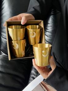 170毫升（5.7盎司）双层真空保温咖啡杯，304不锈钢金色马克杯，饰有新月藤蔓图案，适合斋月、开斋节、家居装饰，土耳其咖啡杯 - 双层304不锈钢金色阿拉伯藤蔓图案，花卉蝴蝶马克杯；花卉蝴蝶咖啡杯，保温小咖啡杯，适合斋月、圣诞节、情人节礼物，中东风格，适合家庭聚会。 - 星月 - 查看 3