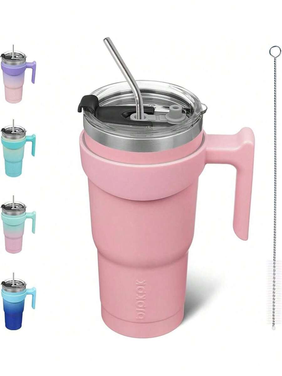 Vaso de con asa de acero inoxidable con tapa y popote para mujer, color verde lavanda - Rosa Pálido - Ver 1