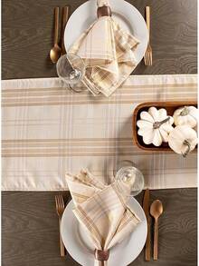 100% algodón, Lavable a máquina, Mantel Individual a Rayas francesas para cenas - Cuadrados de color dorado y crema - Ver 6