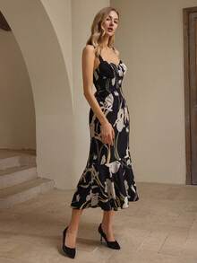 Oulis Elegant Floral Print Waist Line Spaghetti Strap Midi Dress, Vacation Style, Old Money Style, Court Style, Valentine's Day Outfit, Prom Party, Back To School, Elegant Ladies - Multicolor - View 4