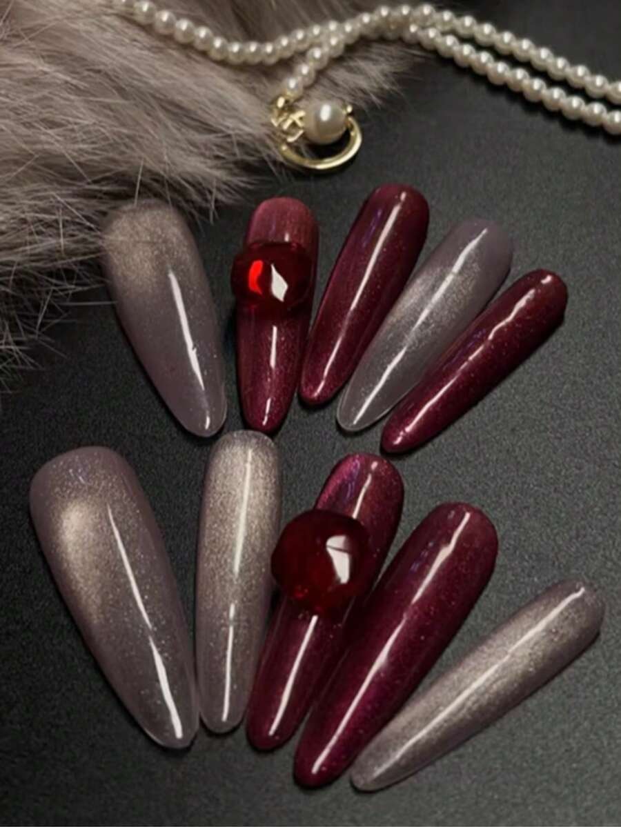 10pcs Pure Handmade Press On Nails Extra Long Nails Oval Nails The Main Color Combination Is Wine Red Berry Color And Cool-Toned Gray Pink Cat Eye. Adorned With Transparent Wine Ruby Decorations, It Resembles Small Diamonds In The Dark Night, Exquisite Yet Not Ostentatious. Gentle Elegant Cute Nails For Ladies And Girls Spring Summer Fall Winter Festivals Parties And Daily Life Use - Red and White - View 1