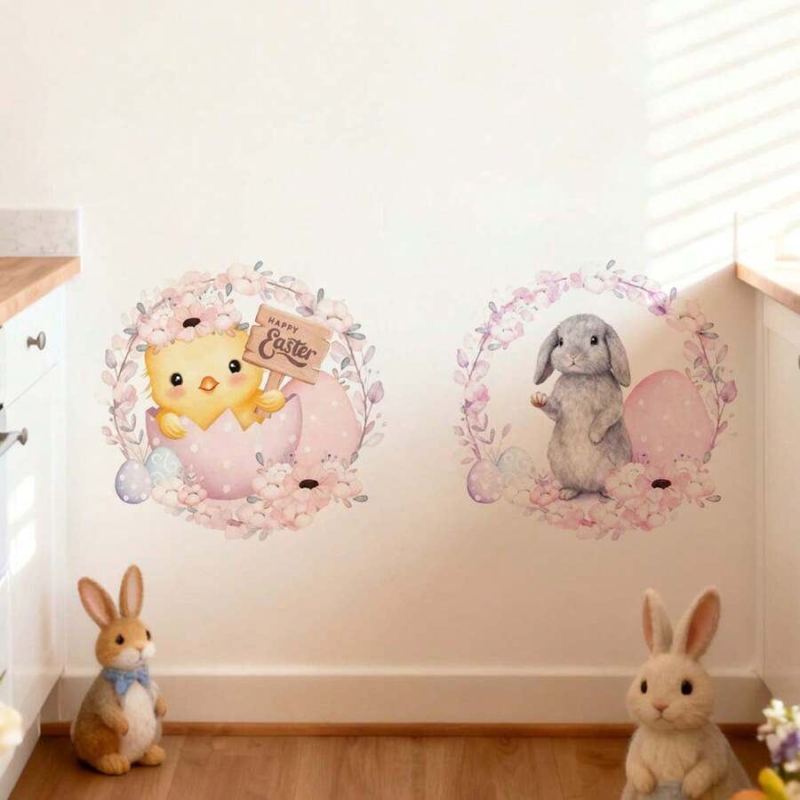 2 pezzi Adesivi da parete rimovibili in PVC con decorazioni floreali e coniglietti, adatti per decorare camera da letto, soggiorno, balcone e finestre per la Pasqua primaverile - Multicolore - Visualizzare 1