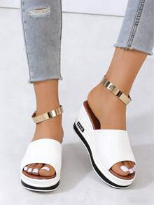 Comfortable, Durable Women's Summer Sandals - Slip-On Open-Toe High Heel With Thick Cushioned Sole, Black Synthetic Cover & Rhinestone Accents, Casual Shoes For Casual Attire, Chunky Heel Sandals, Pu Sole - 白色8866 - 查看 3