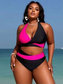 Women's Plus Size Resort Bikini – Colorblock Two-Piece With Supportive High Waist Fit - Black and Hotpink - 查看 7