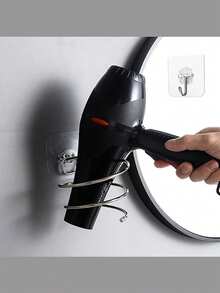 1/3pcs No Drill Hair Dryer Holder, Home Bathroom Hair Dryer Rack, Bathroom Storage Shelf, Hair Dryer Rack, Stainless Steel Adhesive Hair Dryer Holder, Transparent Sticky Hook - Silver - View 3