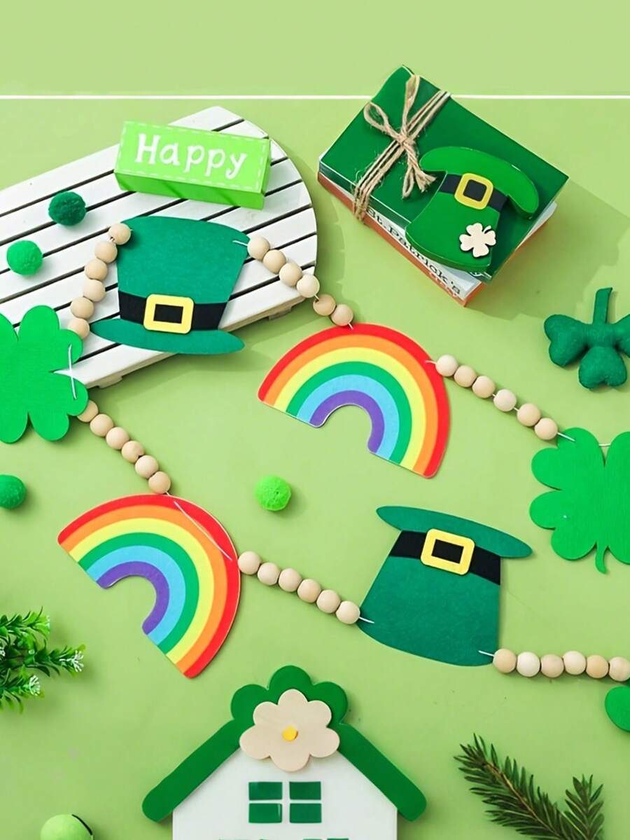 St. Patrick's Day Felt Banner, Rustic Clover Wreath With Rainbow Hat, Wooden Beads, Irish Inspired Hanging Decor, Suitable For Holiday Home Party Fireplace Mantel Wall Decoration - Multicolor - View 1