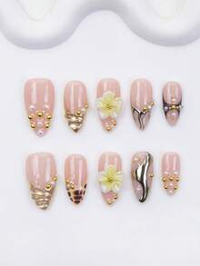 10pcs-Y2K Press On Nail, Almond, 100%Handmade, Reusable, Golden Nail, Nude, Paired With French, 3D, Cross, Little Snake, Suitable For Daily Wear, Parties, And Also The Best Valentine's Day Gift For Girls And Women - Gold - View 1