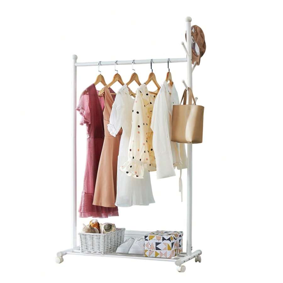 Clothes Rail - Movable Clothes Rack With Bottom Shelf, Heavy-Duty Clothing Rail For Hanging Clothes, Coats, Dresses, Clothes Rail For Bedroom, Hallway, Laundry Room - trắng - Xem 1