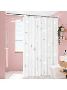 1pc White Star & Moon Bathroom Shower Curtain, Waterproof Mildew-Proof Shower Divider Curtain, Bathroom Hanging Curtain, Home Bathroom Shielding Curtain, Nordic Ins Style Bathroom Decor Curtain, Star & Moon Design Shower Curtain - Black and White - View 5