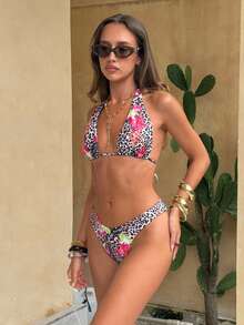 Bộ bikini buộc dây cổ gợi cảm họa tiết da báo và hoa dành cho nữ, thích hợp cho kỳ nghỉ biển. - Nhiều màu - Xem 3