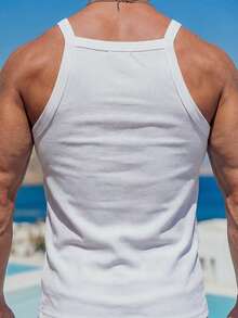 Men's Solid Color White Sleeveless Casual Minimalist Daily Versatile Tank Top, Simple White Square Neck Ribbed - White - View 2